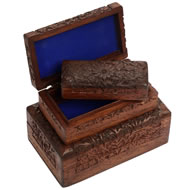  Set  Of  3  Patachitra  Hand  Carved  Oak  Boxes