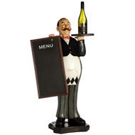 WAITER HOLDING MENU BOARD AND TRAY