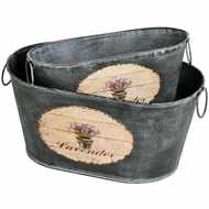  Pair  Of  Oval  Tin  Lavender  Pattern  Planters