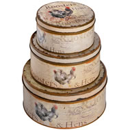  Set  Of  Three  Rooster  Pattern  Round  Tin  Boxes