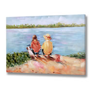  Handpainted  Children  Sitting  On  Edge  Beach  Scene  Canvas
