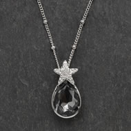  Short  Silver  Necklace  W/  Black/clear  Diamond  Crystal  Pendant