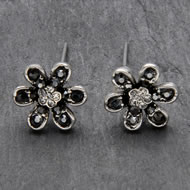  Antique  Silver  Earrings  With  Clear  &  Black  Crystal