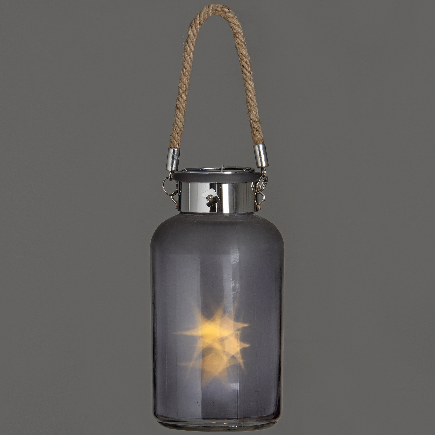 Frosted Grey Glass Lantern with Rope Detail and LED - Image 2