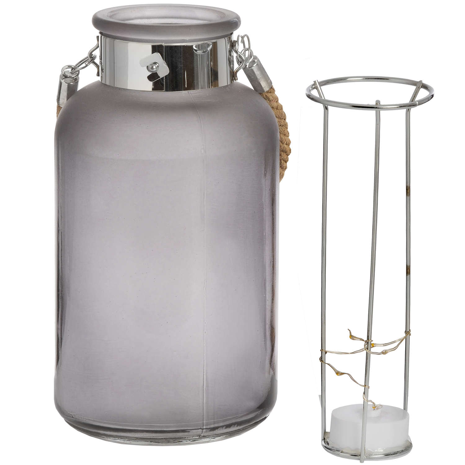 Frosted Grey Glass Lantern with Rope Detail and LED - Image 3