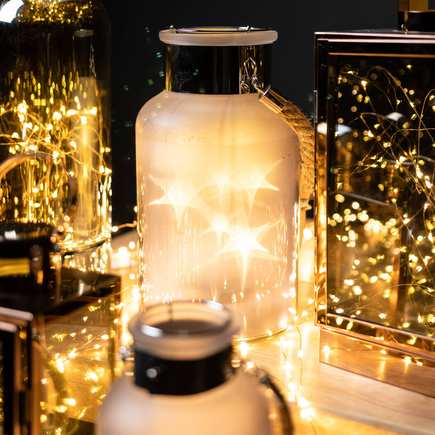 Frosted Grey Glass Lantern with Rope Detail and LED - Image 5