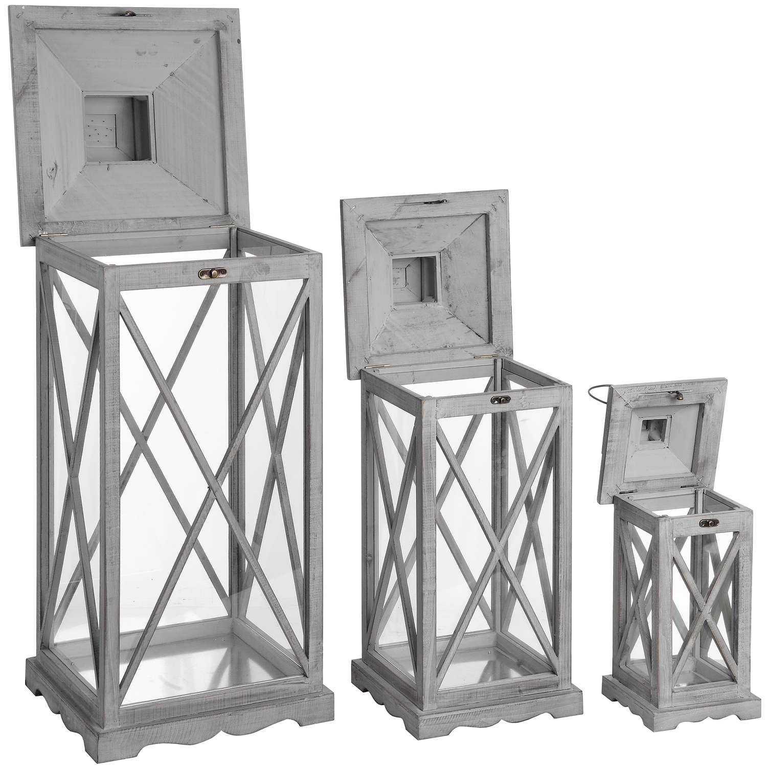 Set Of Three Wooden Lanterns With Traditional Cross Section - Image 3