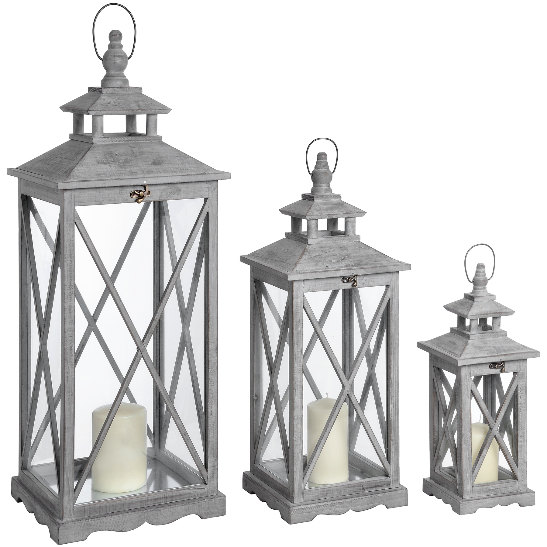 Set Of Three Wooden Lanterns With Traditional Cross Section - Image 1
