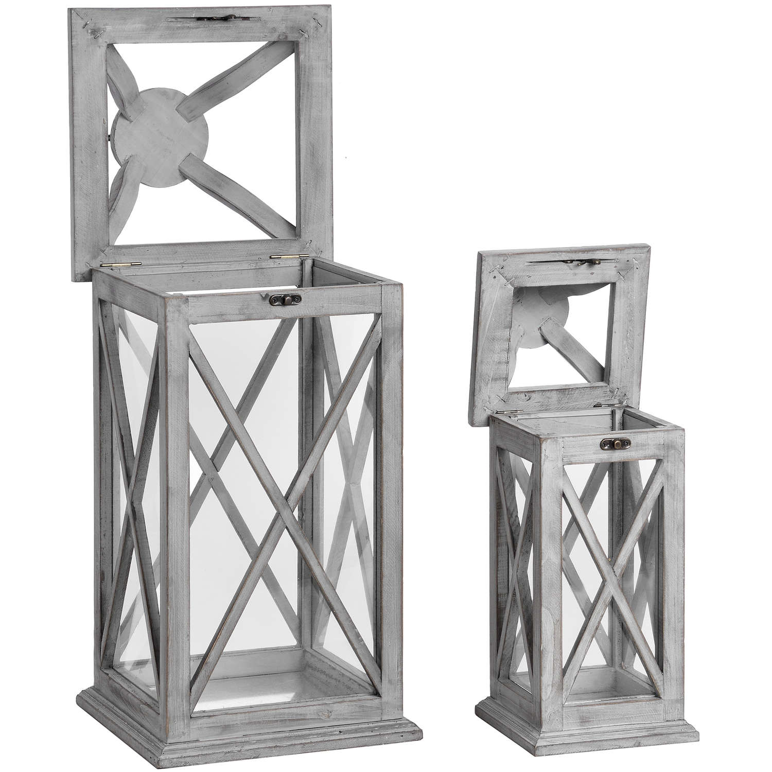 Set Of Two Grey Cross Section Lanterns With Open Tops - Image 3
