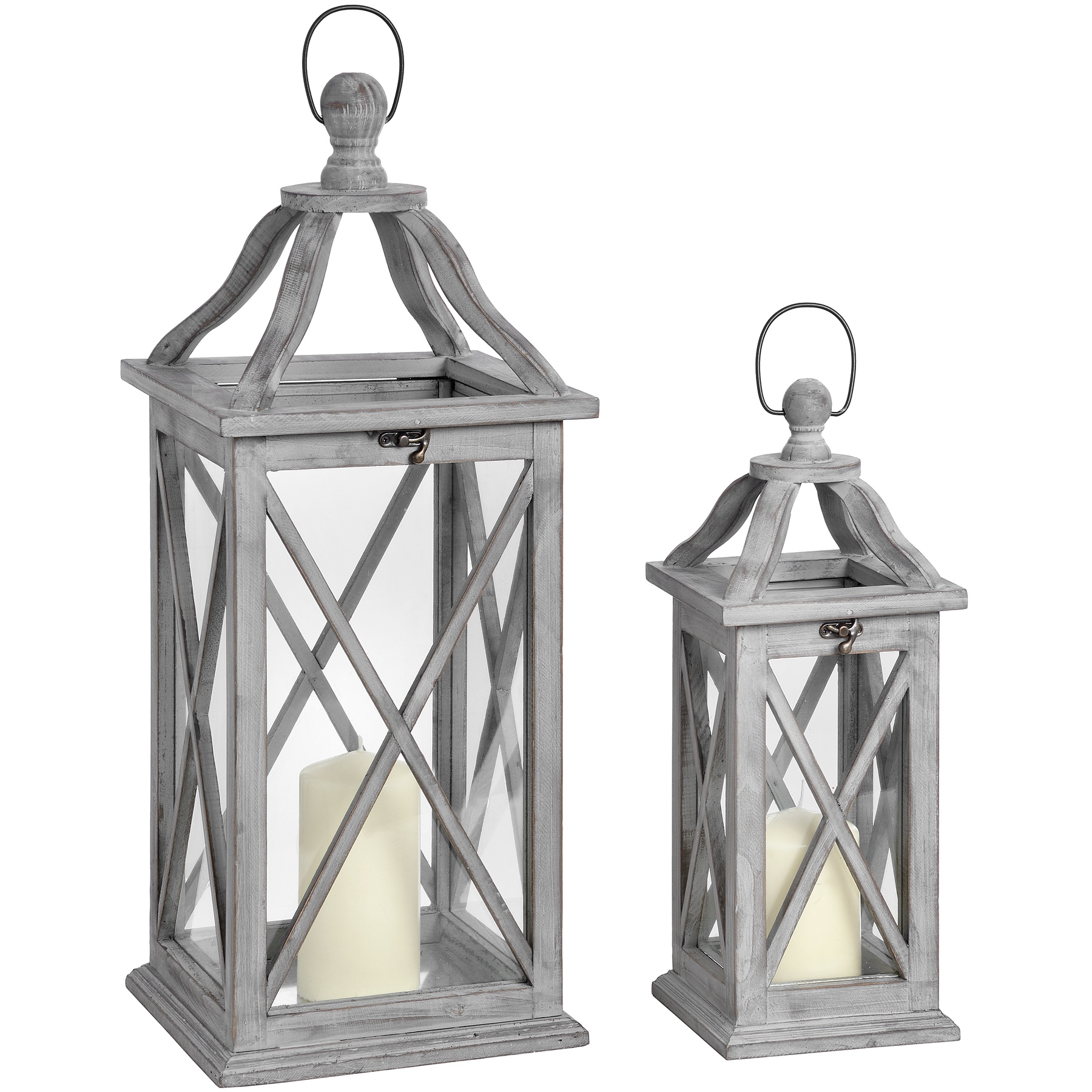 Set Of Two Grey Cross Section Lanterns With Open Tops - Image 1