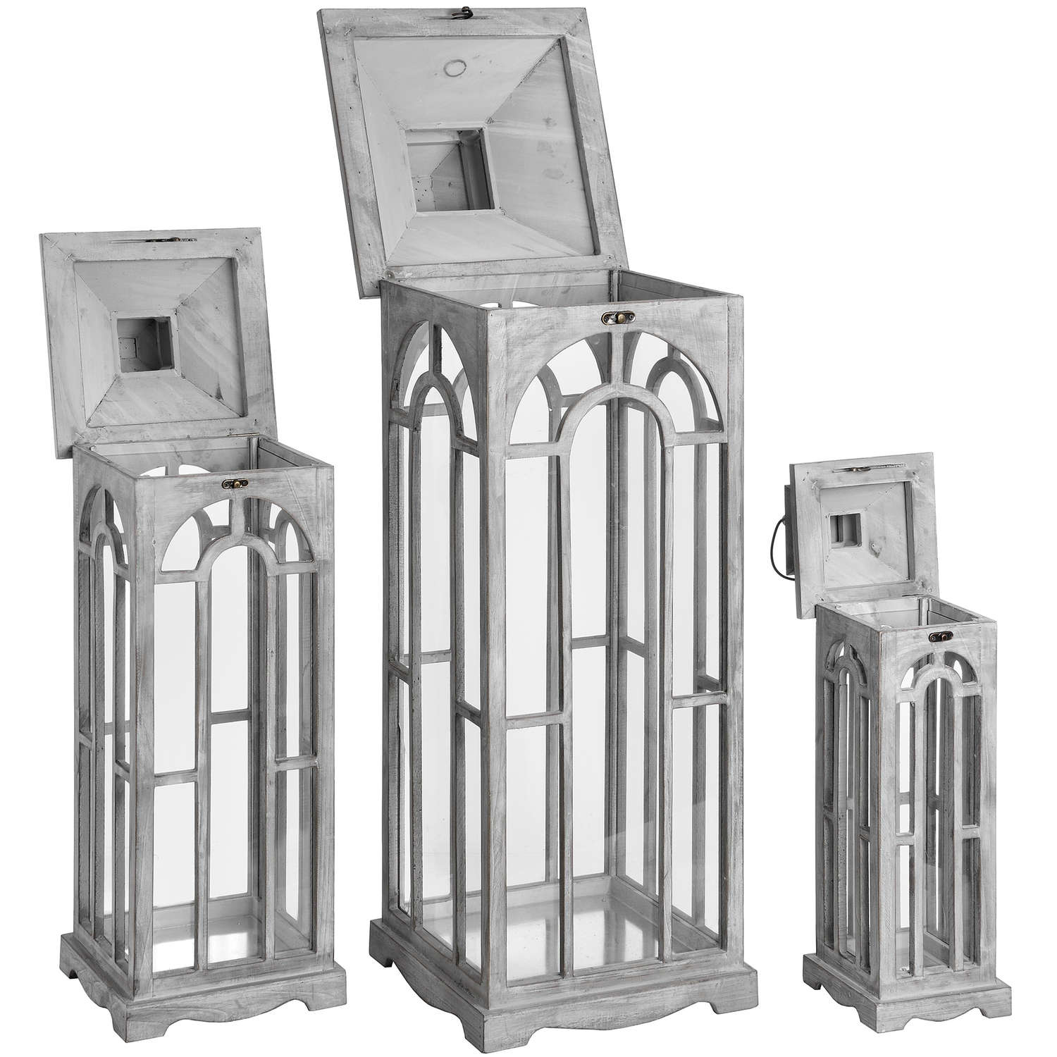 Set Of Three Wooden Lanterns With Archway Design - Image 3