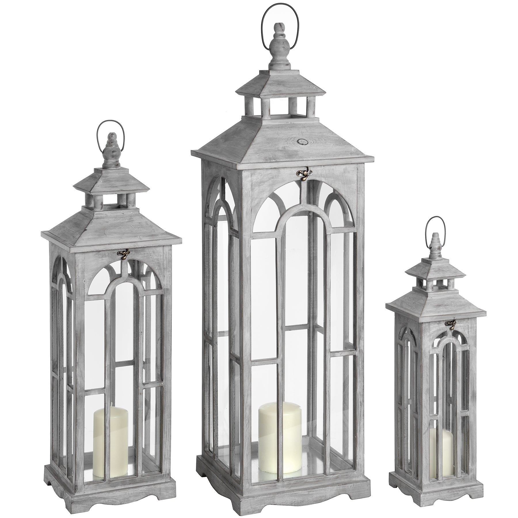 Set Of Three Wooden Lanterns With Archway Design - Image 1