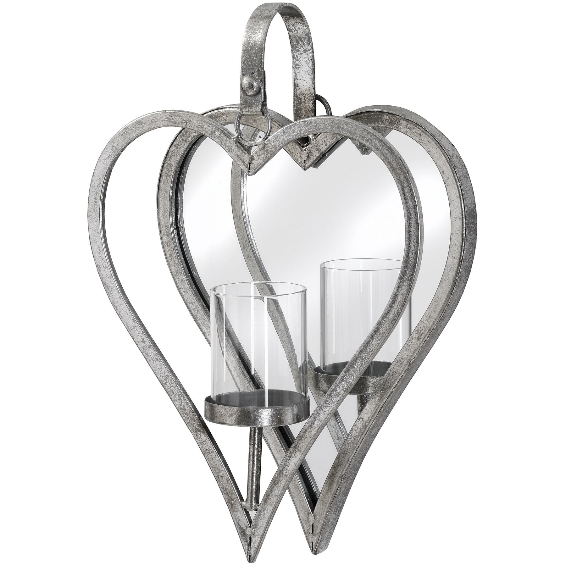 Small Antique Silver Mirrored Heart Candle Holder - Image 1