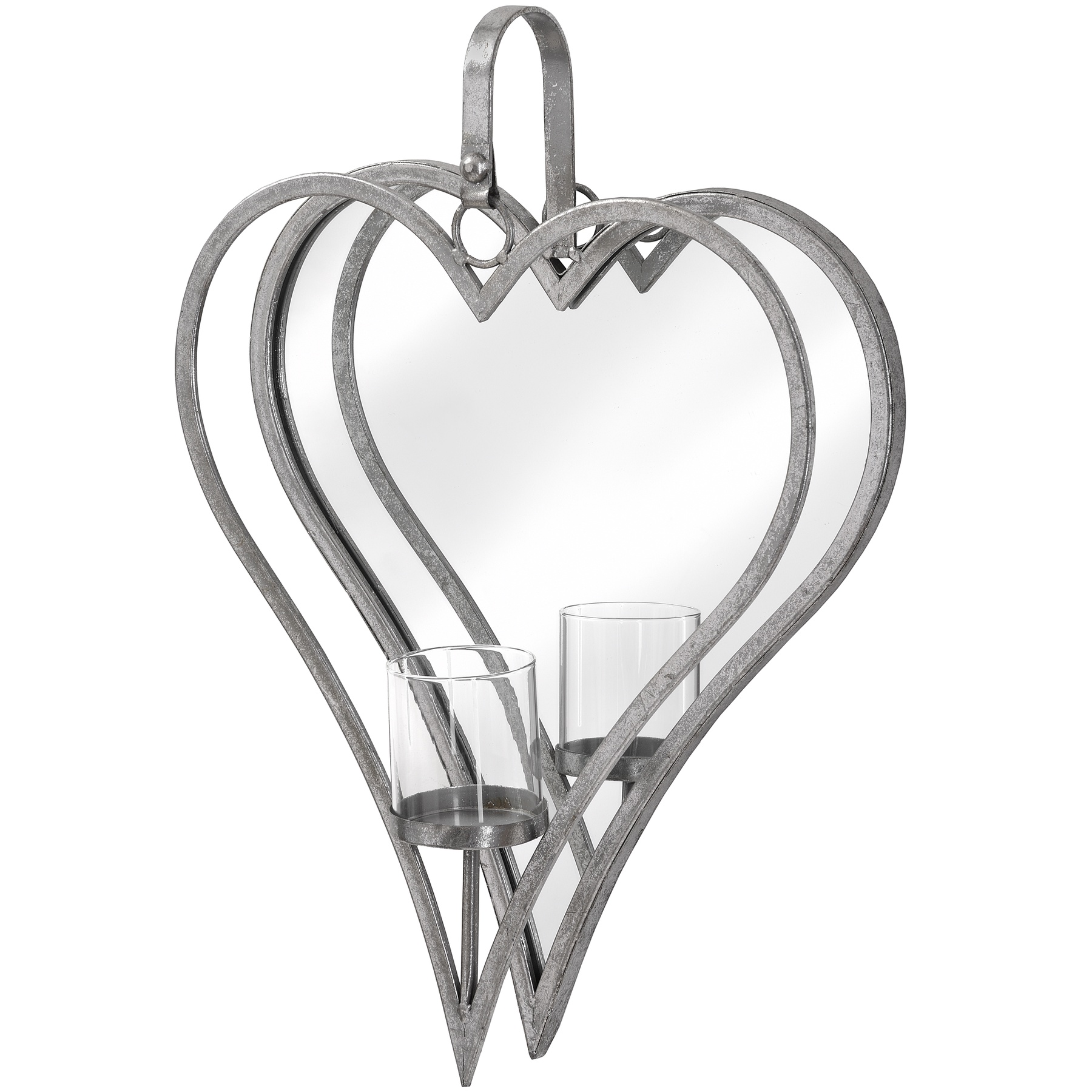 Large Antique Silver Mirrored Heart Candle Holder