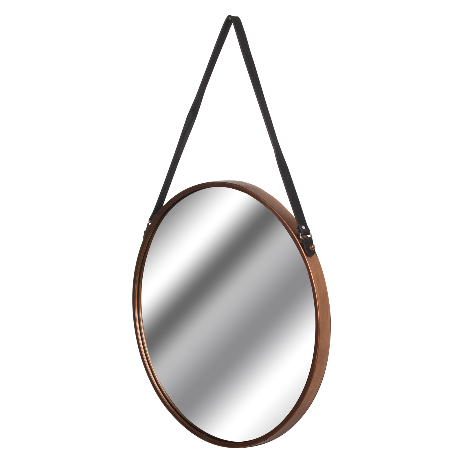 Copper Rimmed Round Hanging Wall Mirror With Black Strap - Image 1