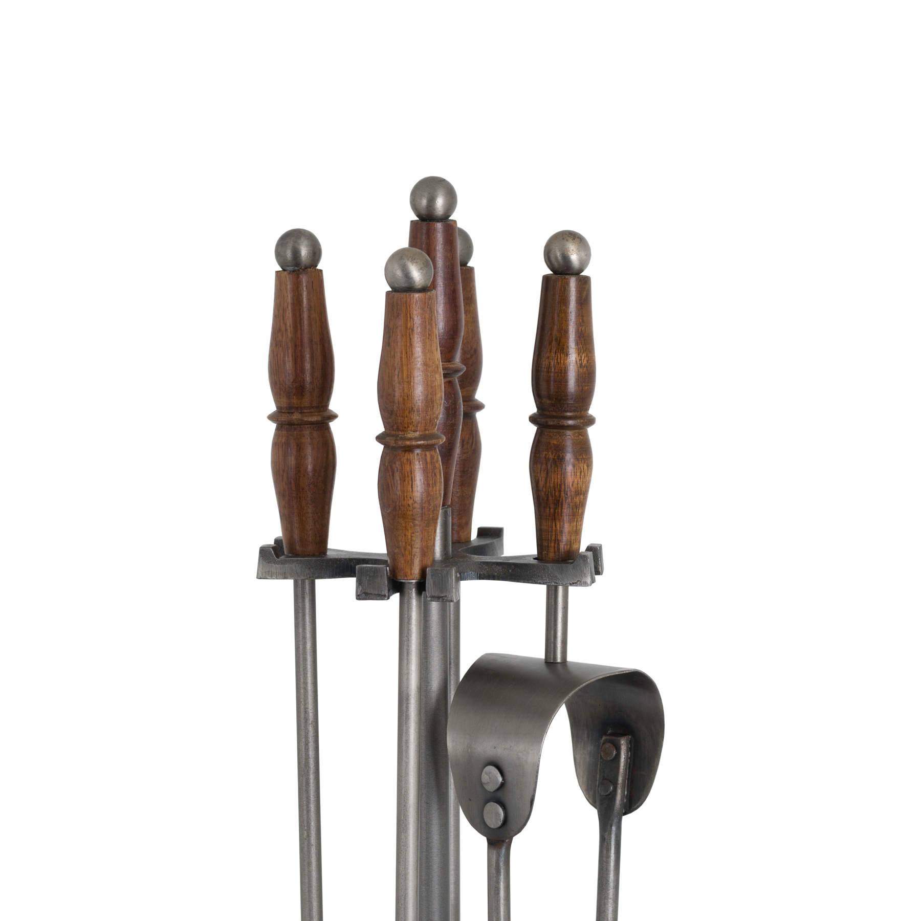 Hand Turned Fire Companion Set In Antique Pewter With Wooden Handles - Image 2