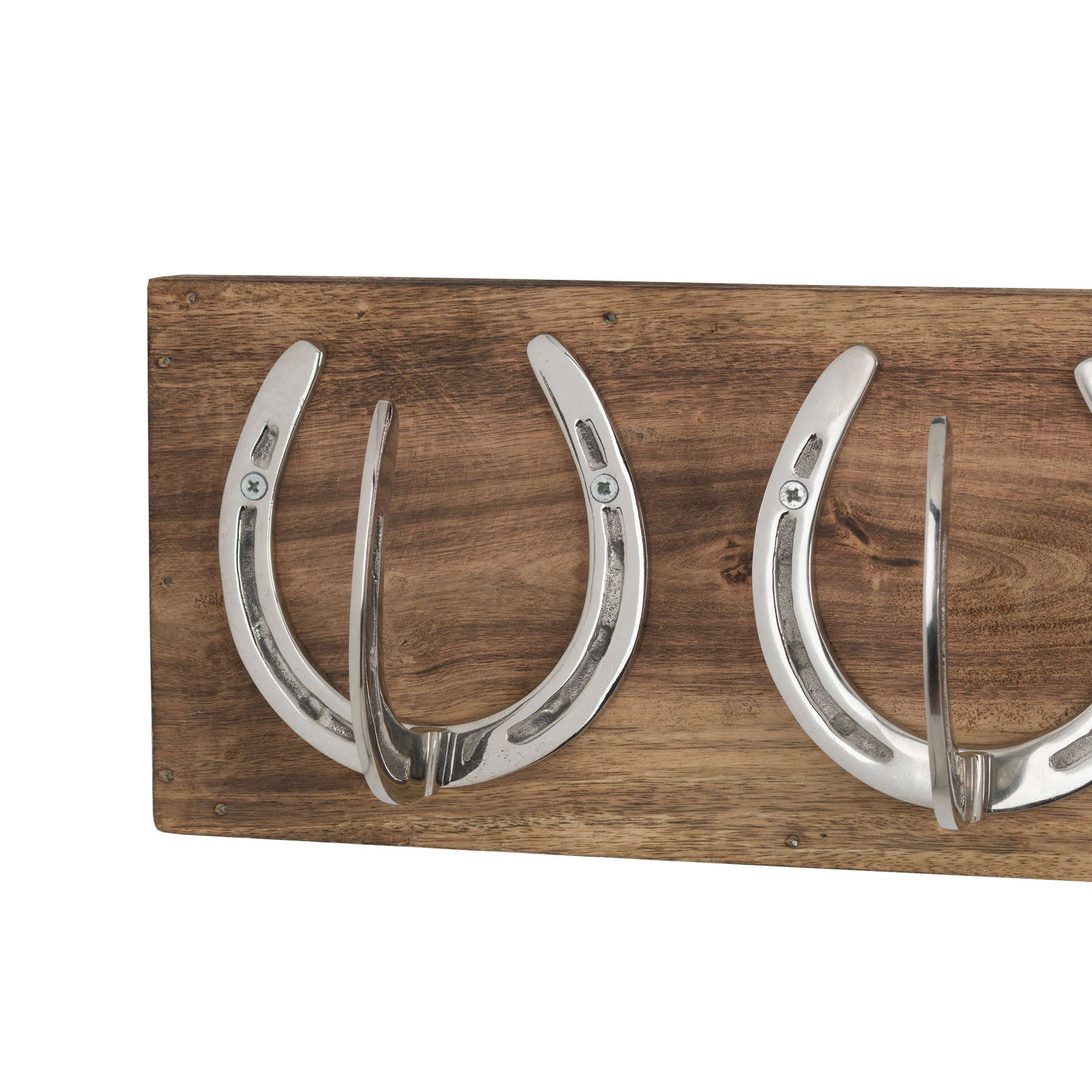 Six Nickel Horse Shoe Hooks On Wooden Board - Image 2