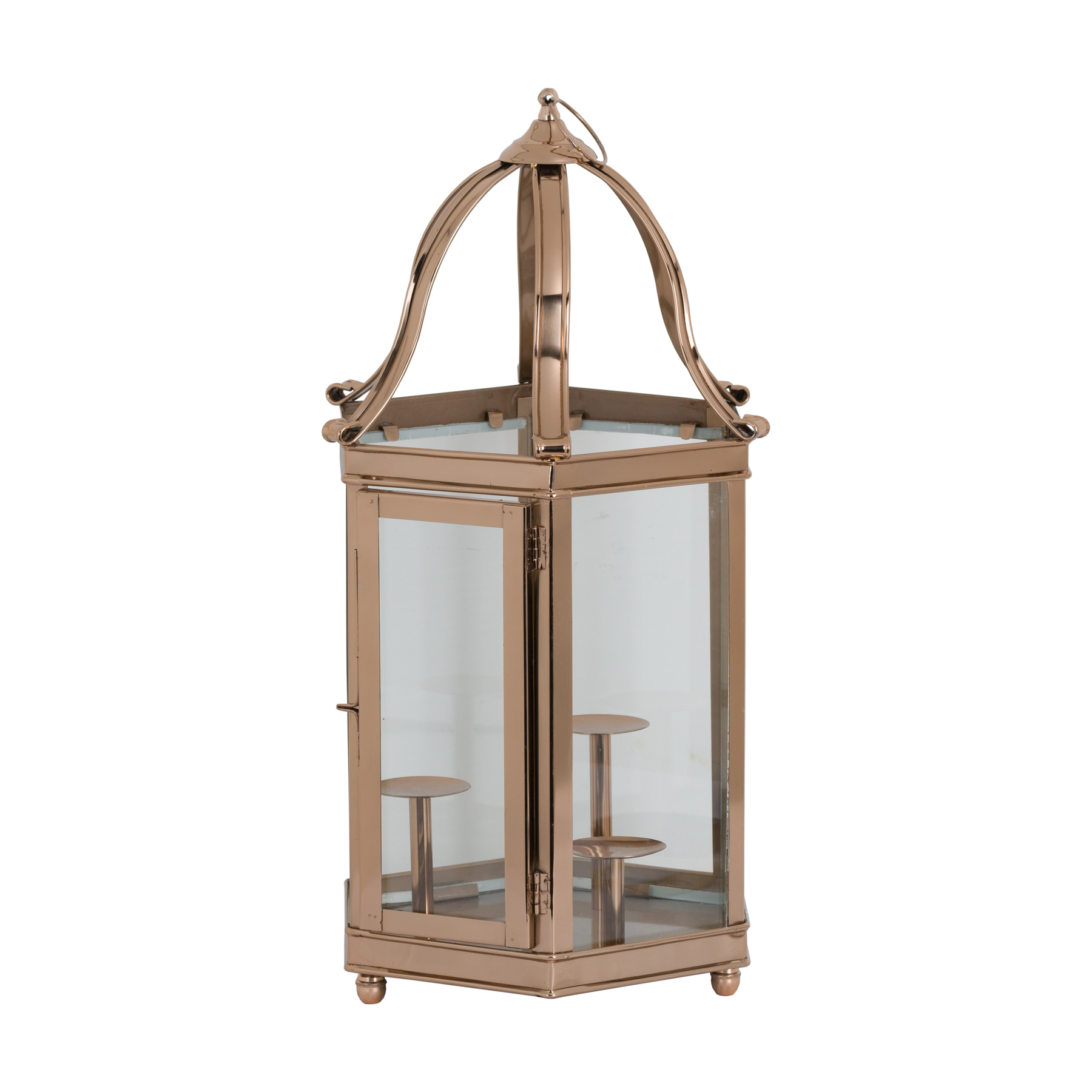 Decorative Lantern With Three Candle Stands In Polished Copper Finish