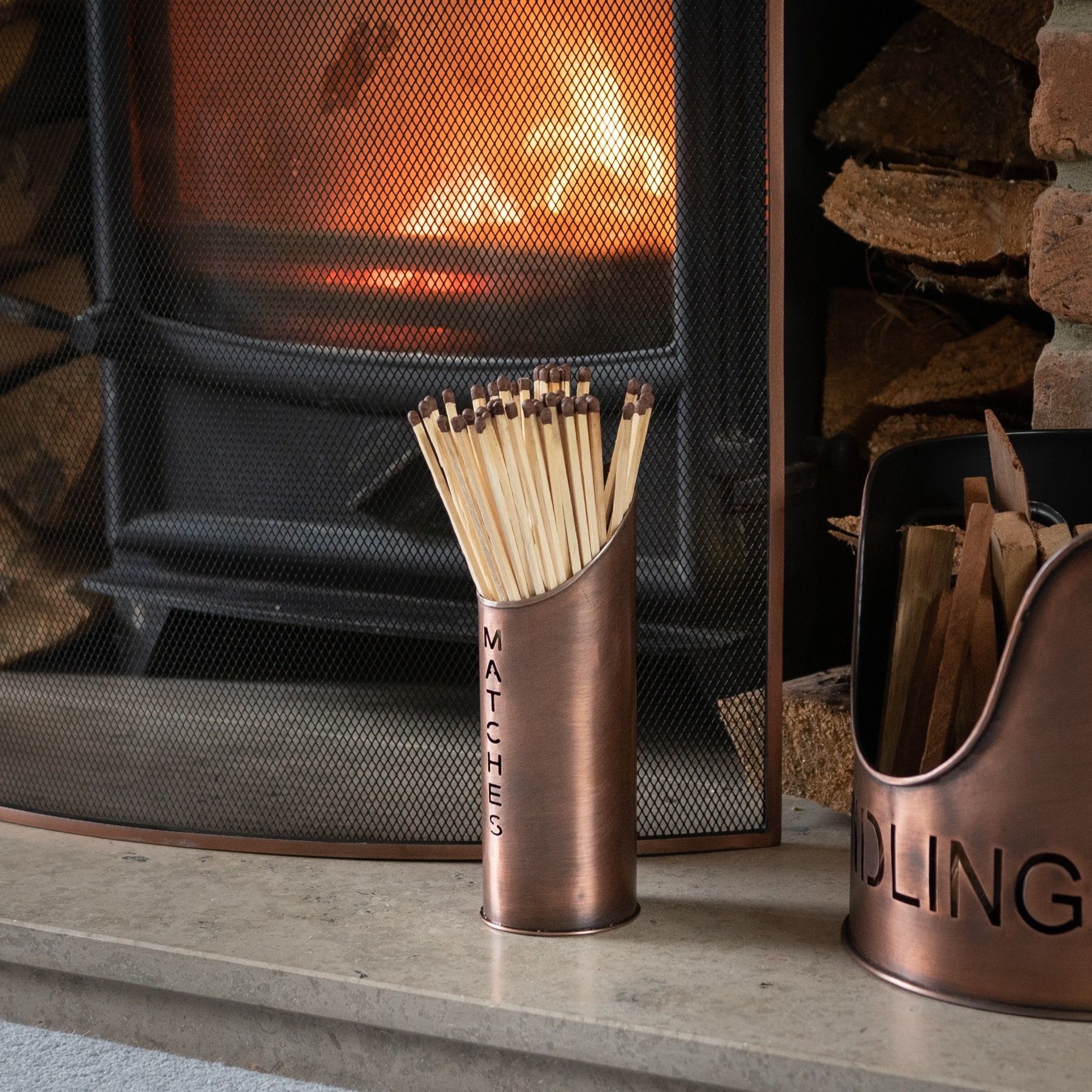 Copper Finish Logs And Kindling Buckets & Matchstick Holder - Image 5