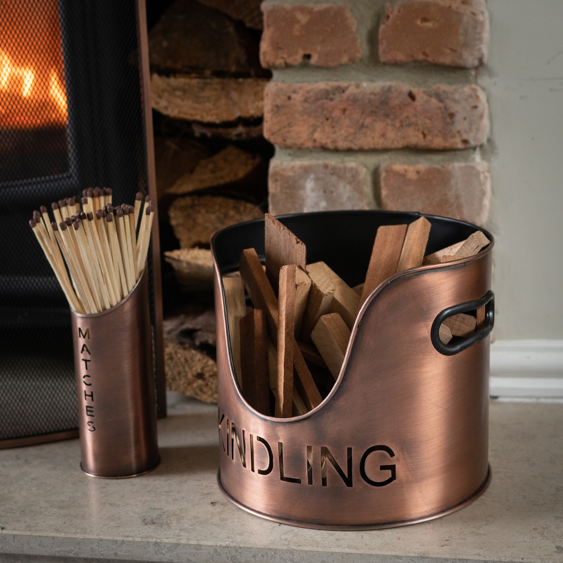 Copper Finish Logs And Kindling Buckets & Matchstick Holder - Image 6