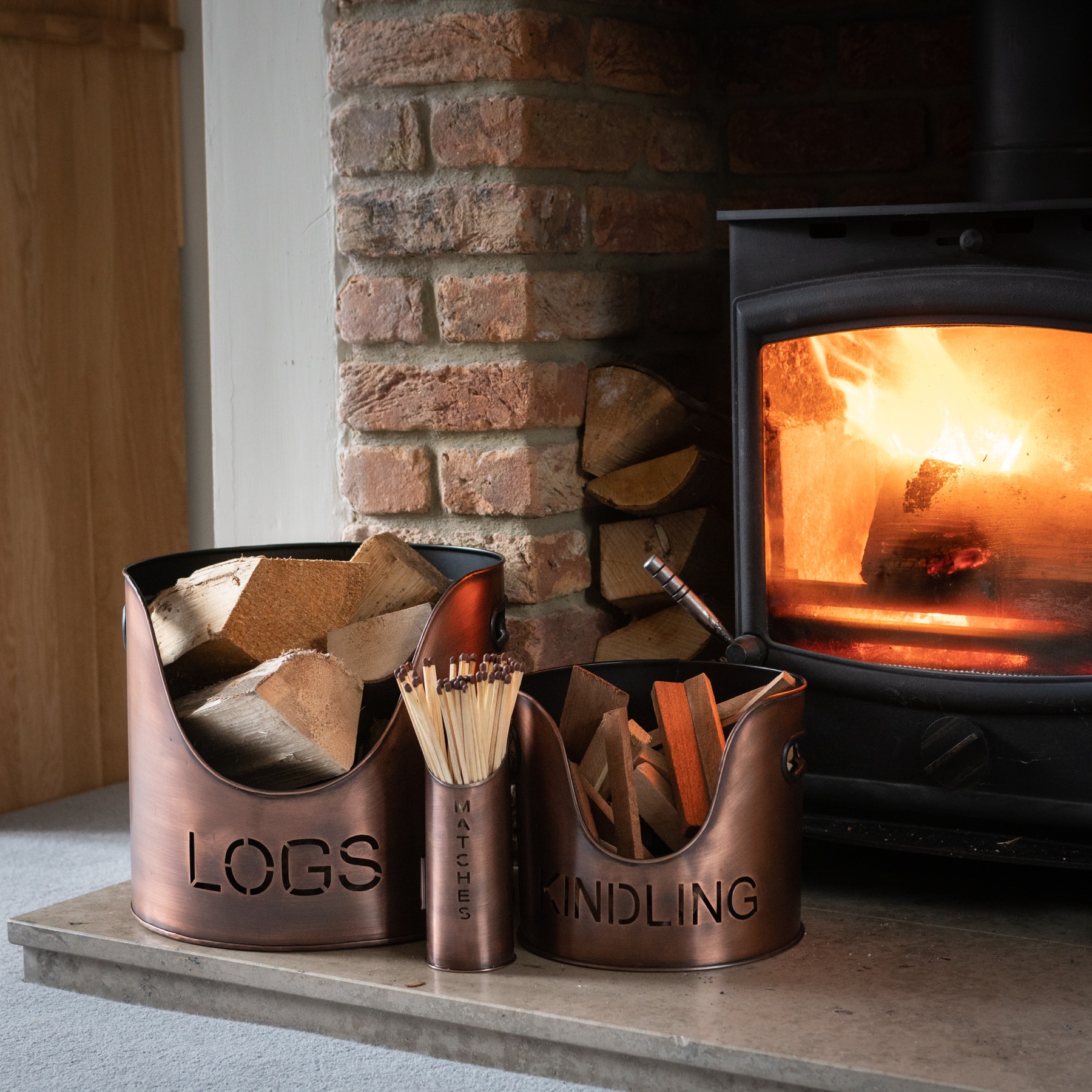 Copper Finish Logs And Kindling Buckets & Matchstick Holder - Image 7