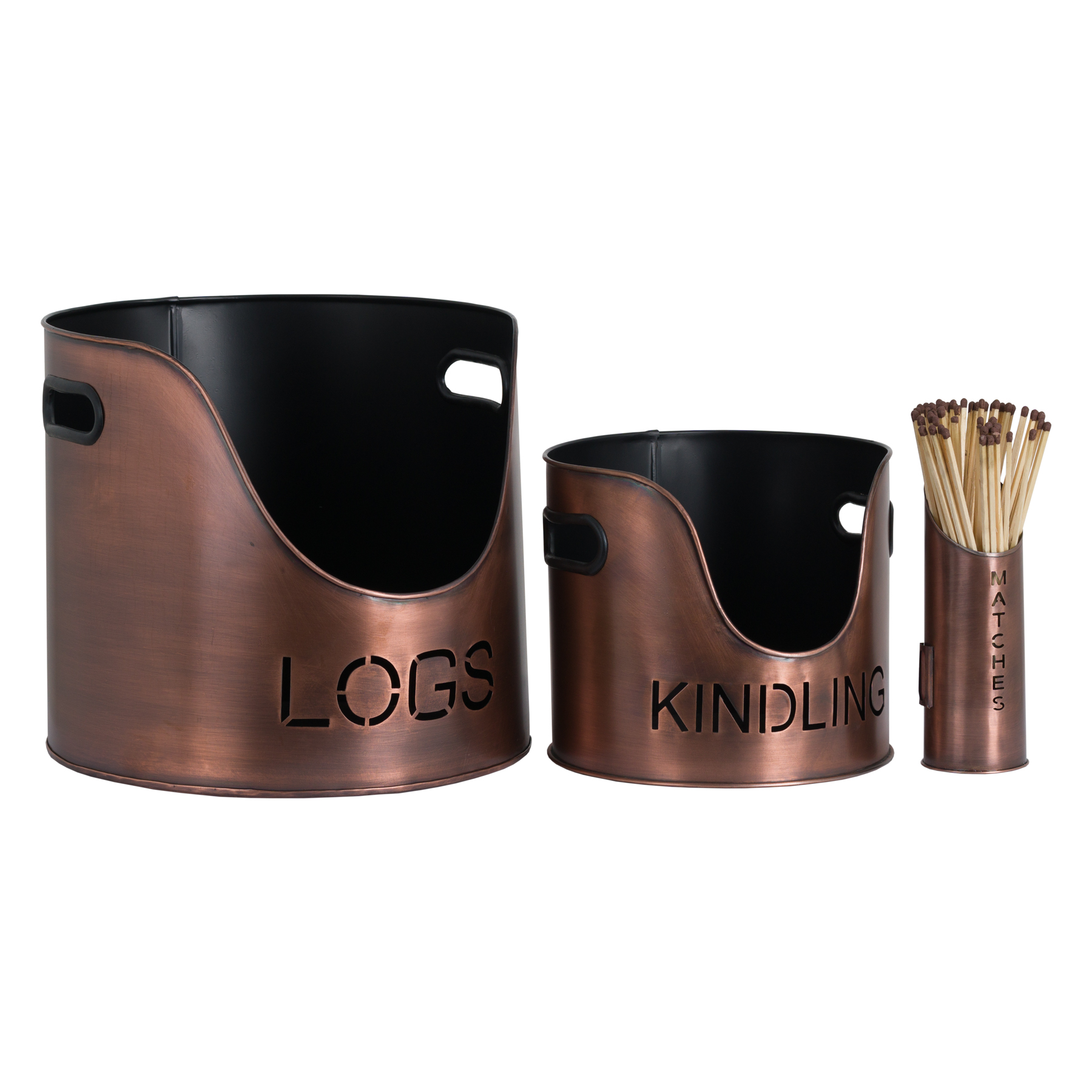 Copper Finish Logs And Kindling Buckets & Matchstick Holder - Image 1