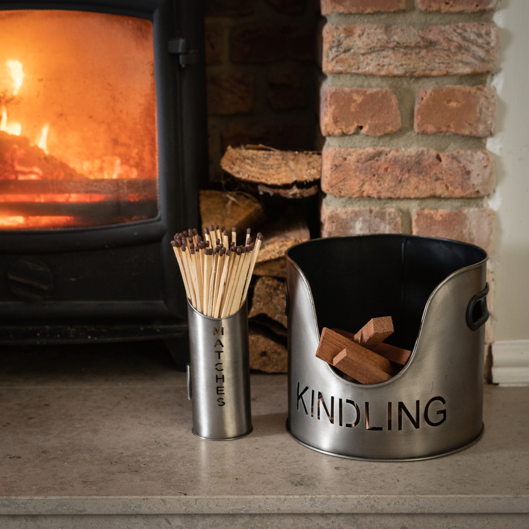 Pewter Finish Logs And Kindling Buckets & Matchstick Holder - Image 5