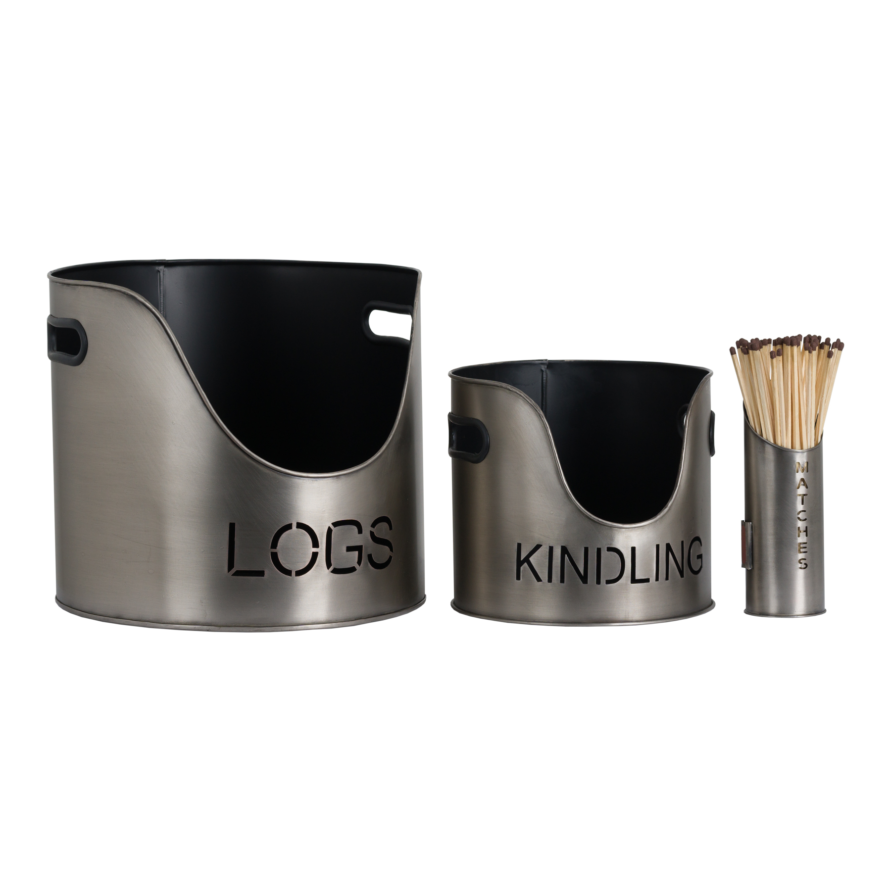 Pewter Finish Logs And Kindling Buckets & Matchstick Holder - Image 1
