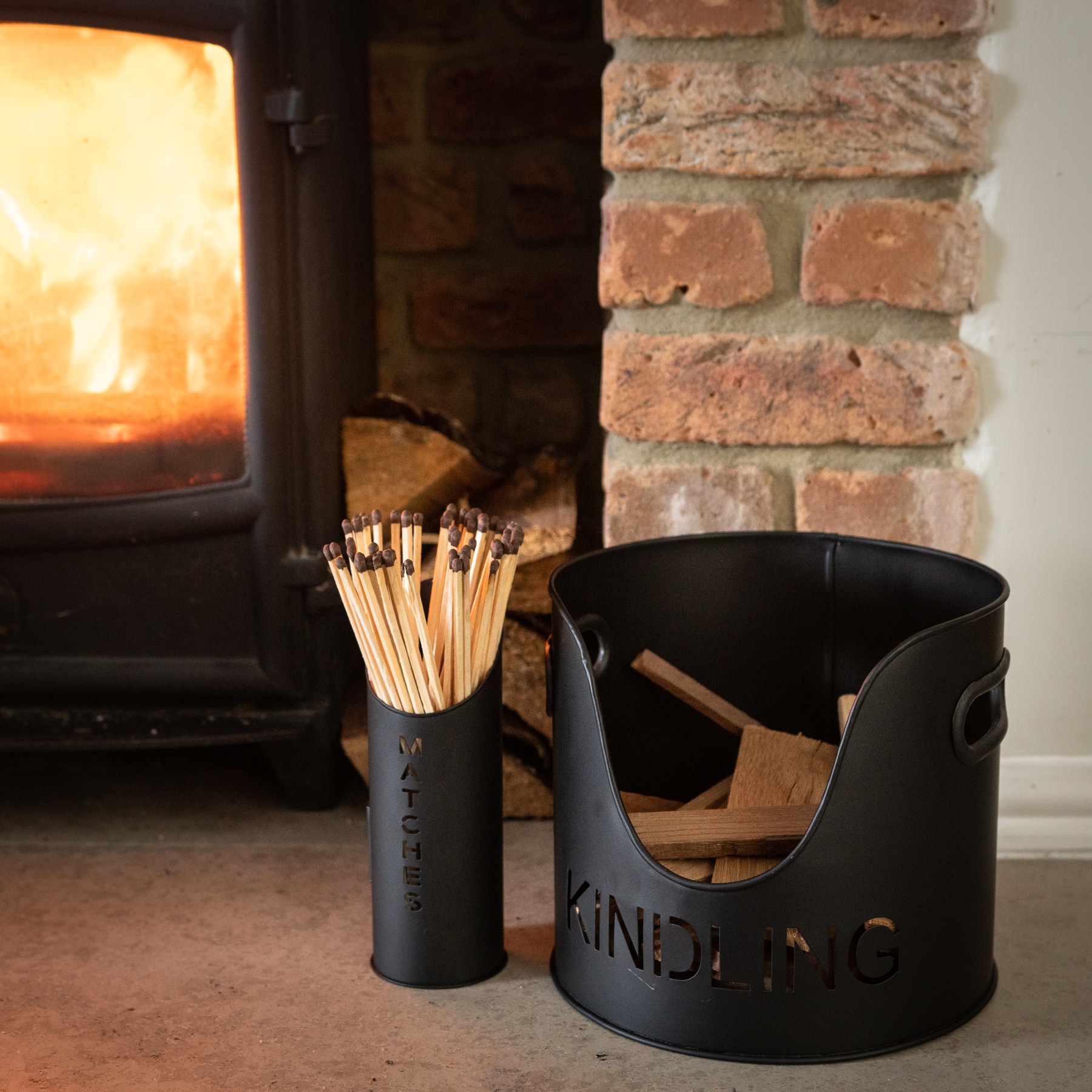 Black Finish Logs And Kindling Buckets & Matchstick Holder - Image 6