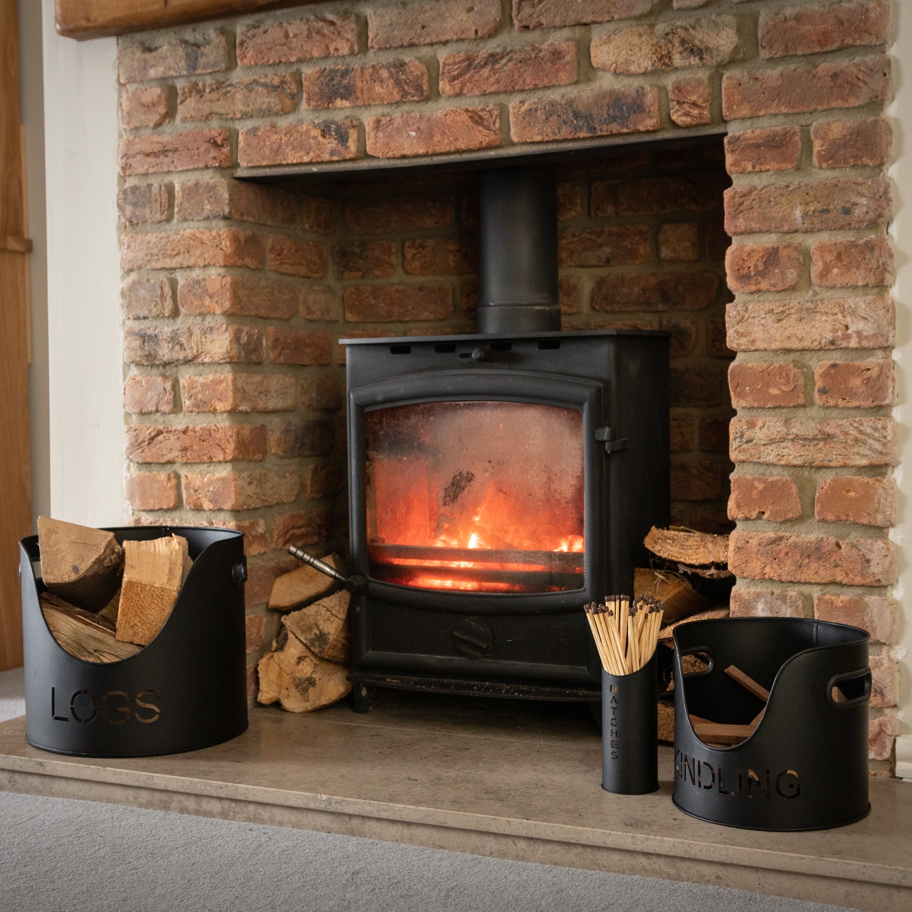 Black Finish Logs And Kindling Buckets & Matchstick Holder - Image 7