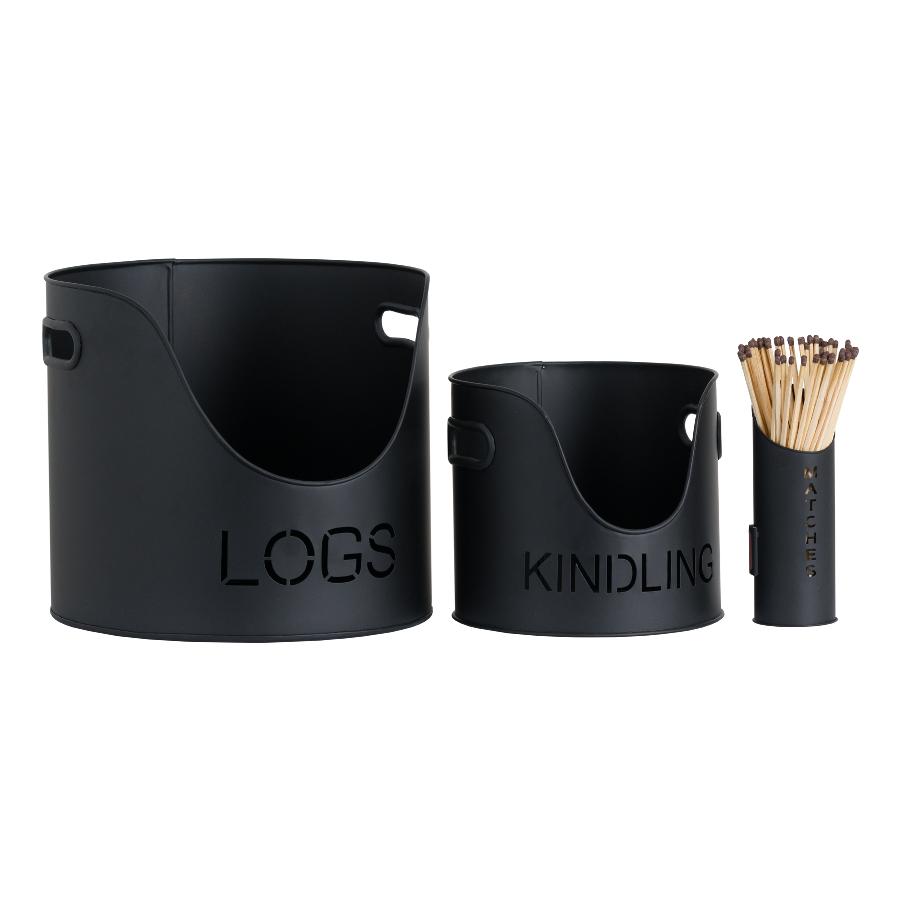 Black Finish Logs And Kindling Buckets & Matchstick Holder - Image 1