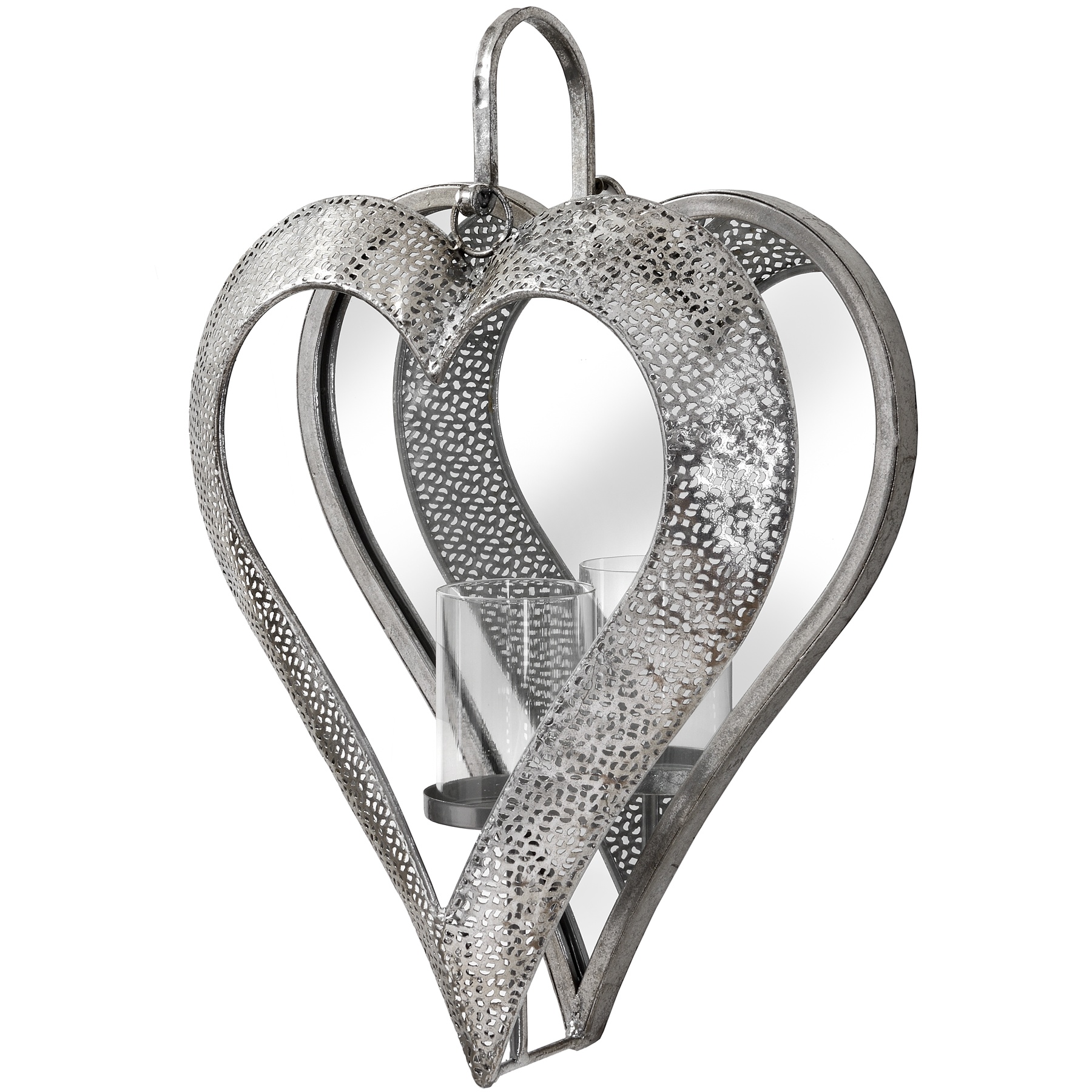 Antique Silver Heart Mirrored Tealight Holder in Large - Image 1