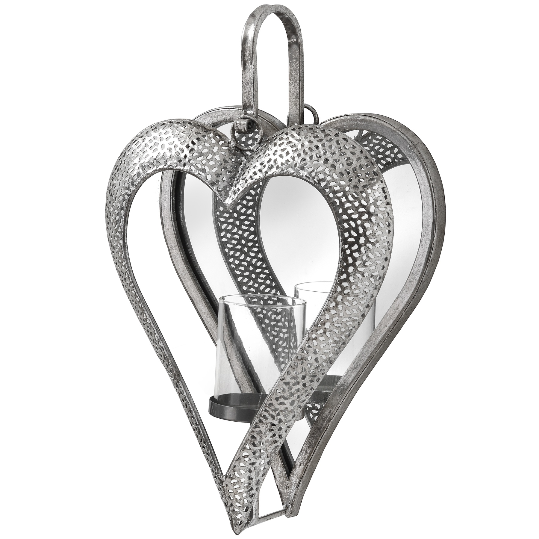Antique Silver Heart Mirrored Tealight Holder in Small - Image 1