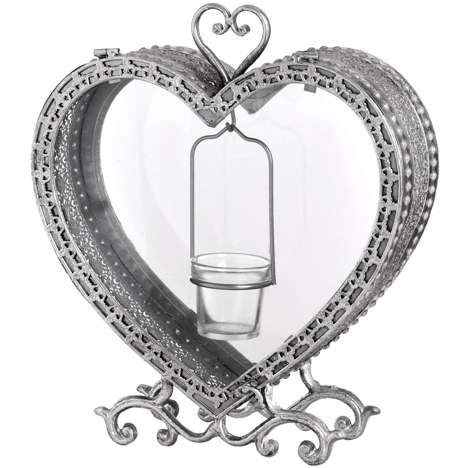 Free Standing Heart Tealight Lantern in Antique Silver - Image 1