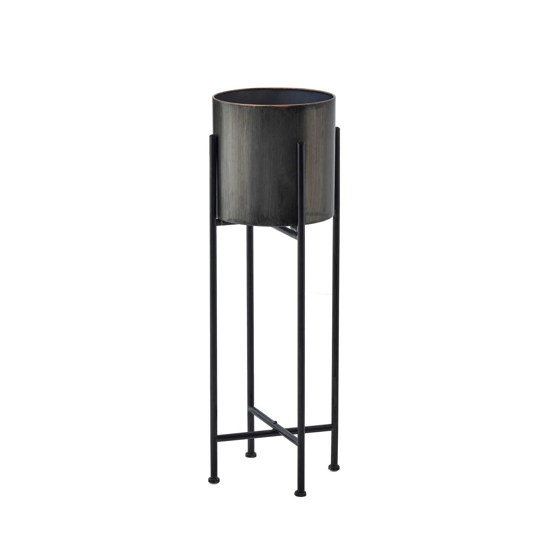 Gun Metal Grey Cylindrical Planter On Black Frame - Image 1