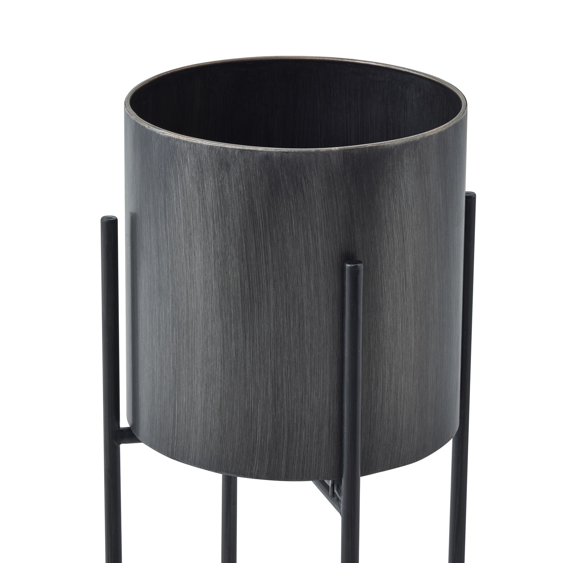 Large Gun Metal Grey Cylindrical Planter On Black Frame - Image 2