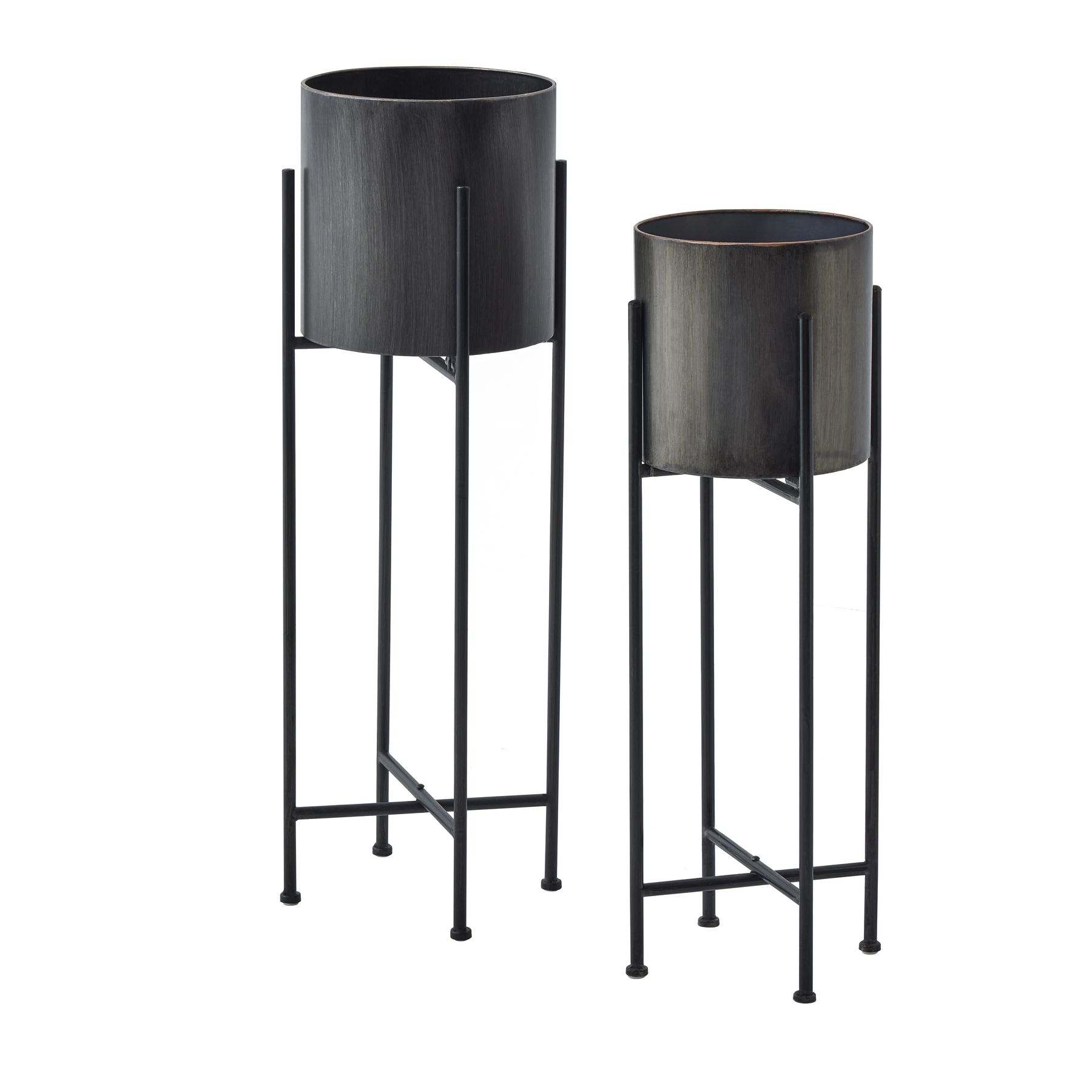Large Gun Metal Grey Cylindrical Planter On Black Frame - Image 3