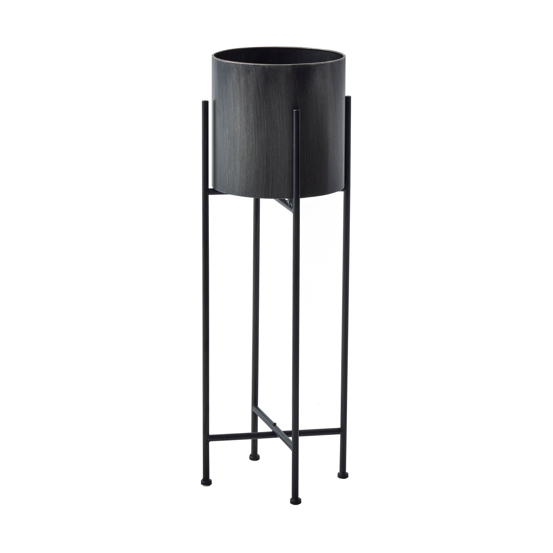 Large Gun Metal Grey Cylindrical Planter On Black Frame - Image 1