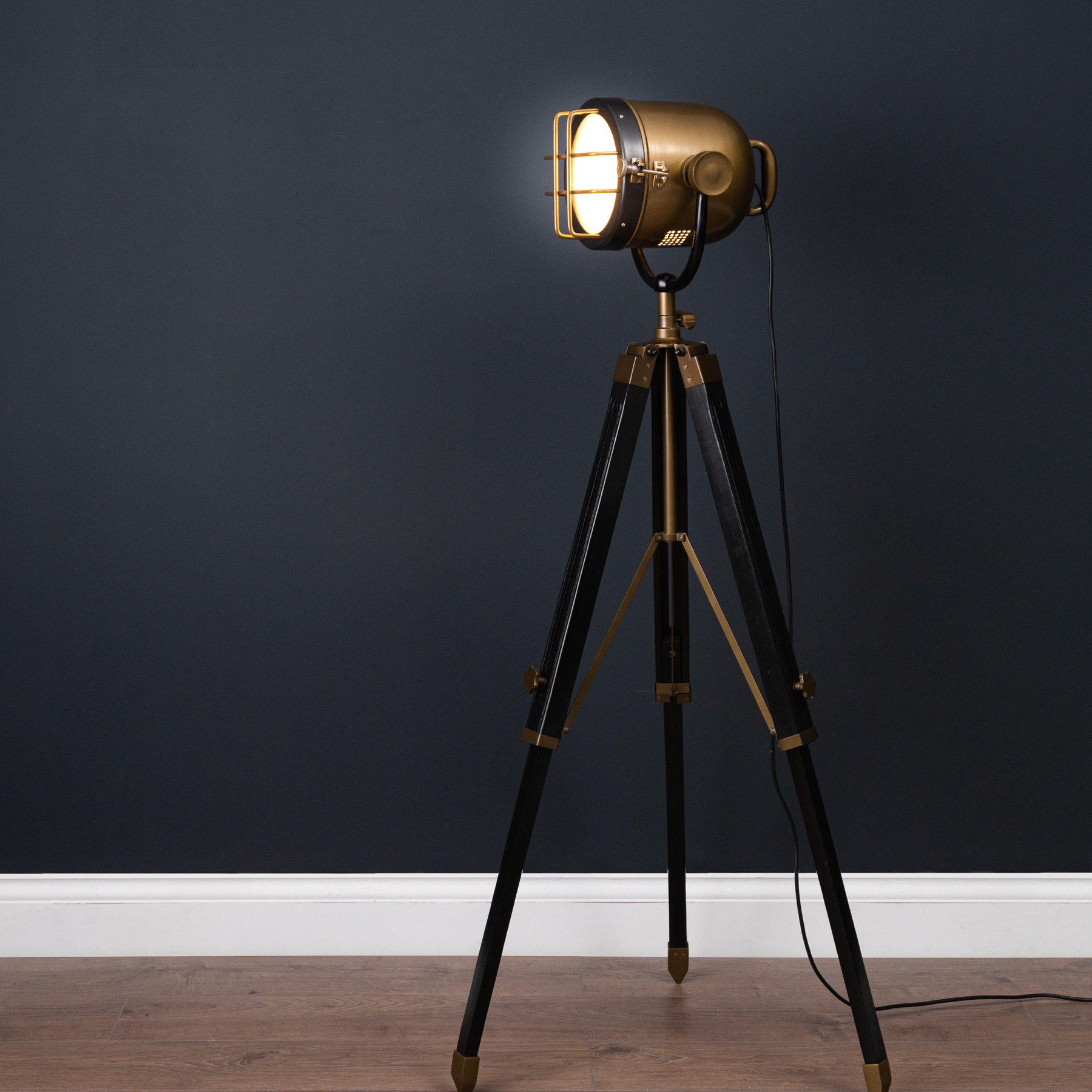 Brass And Black Industrial Spotlight Tripod Lamp - Image 2
