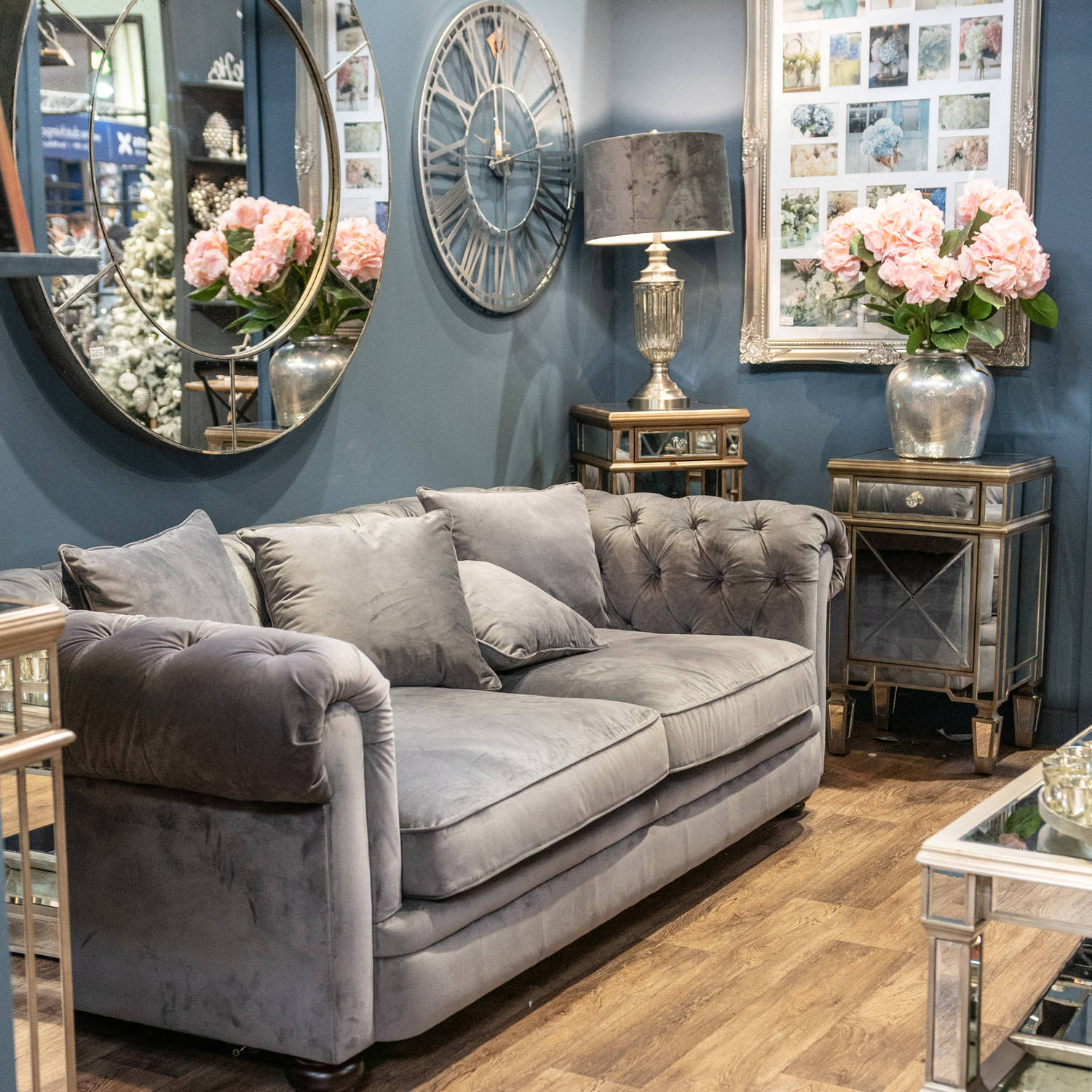 Grey Velvet Large Chesterfield Three Seater Sofa - Image 7