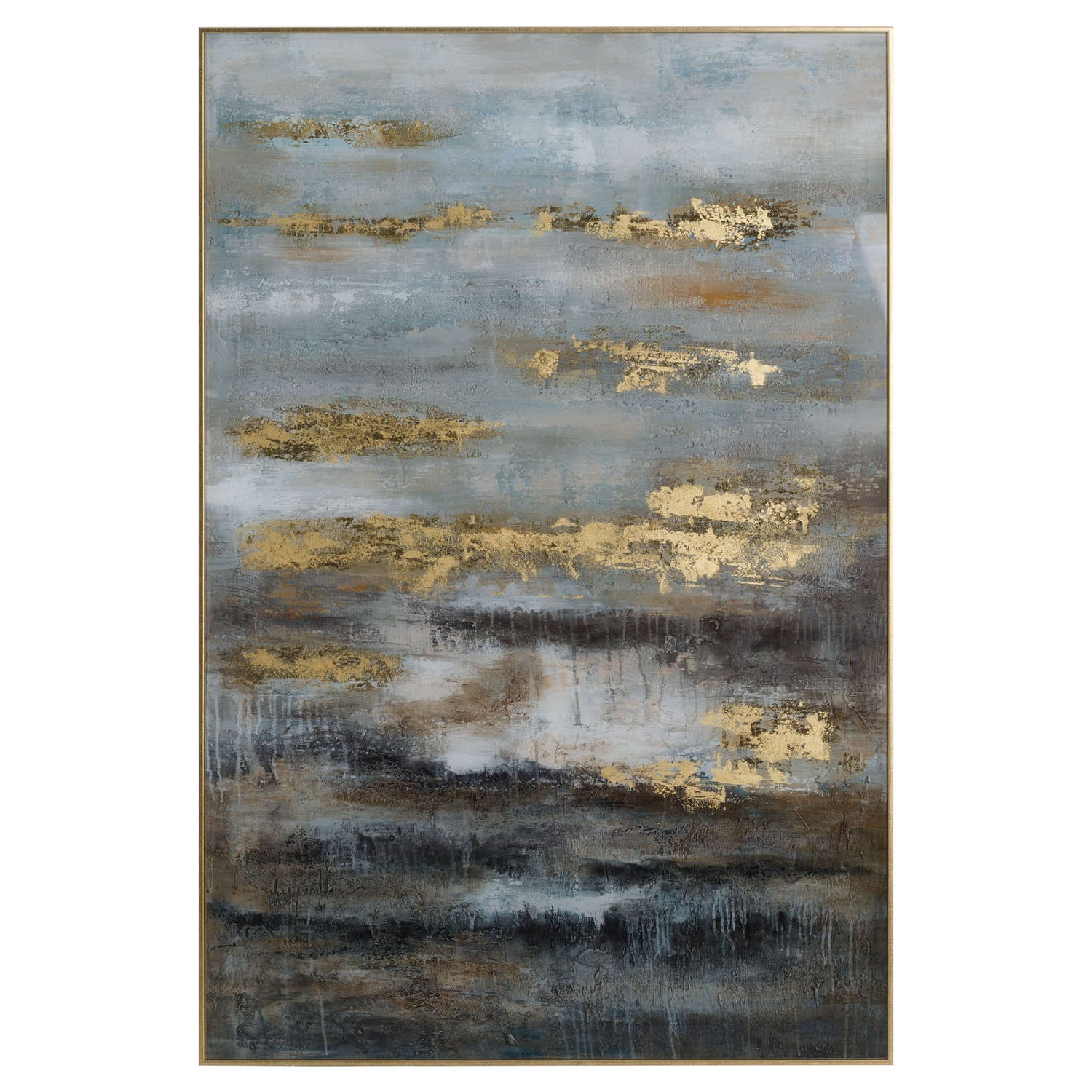 Large Abstract Grey And Gold Glass Image With Gold Frame - Image 1
