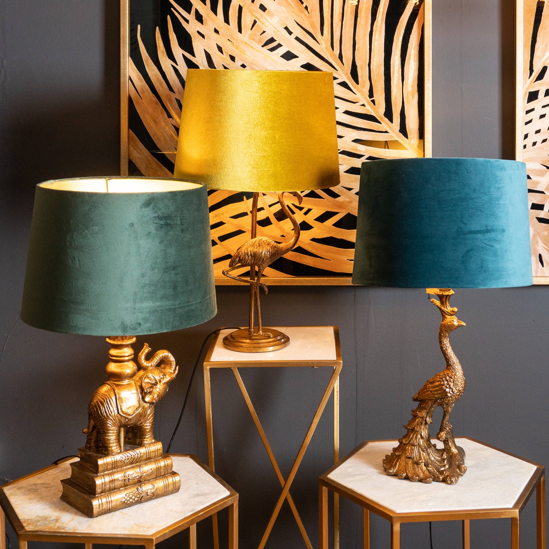 Antique Gold Peacock Lamp With Teal Velvet Shade - Image 3