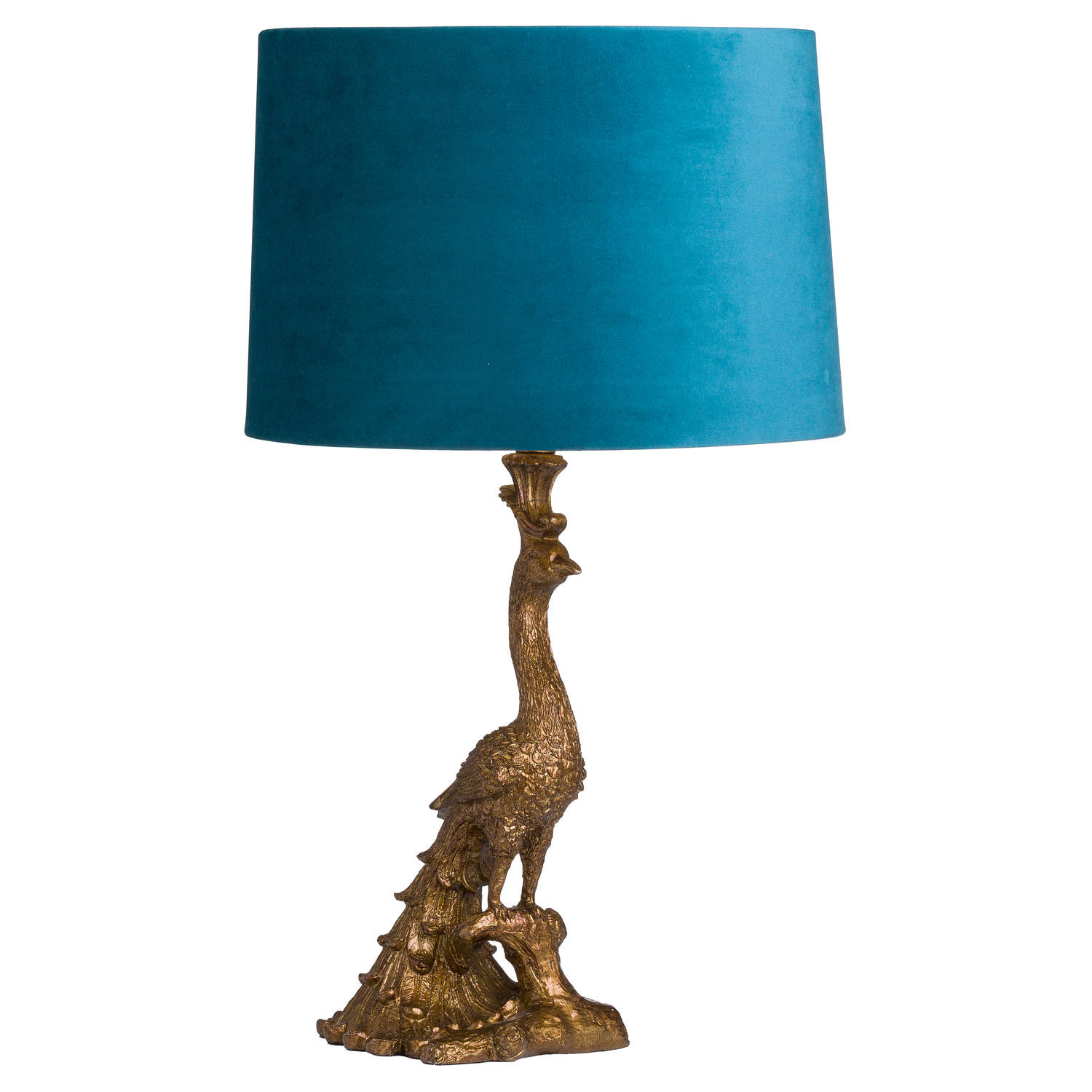 Antique Gold Peacock Lamp With Teal Velvet Shade - Image 1