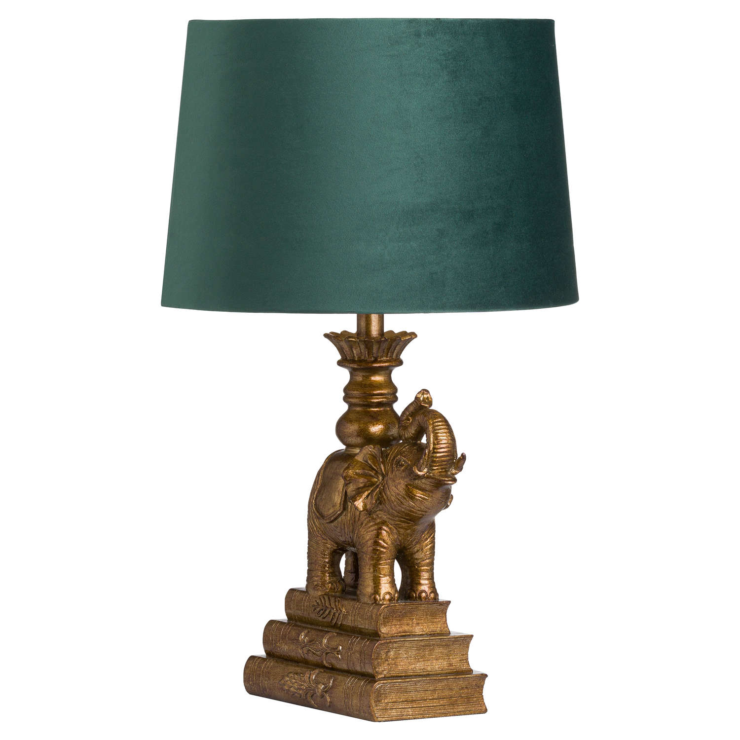 Antique Gold Elephant Table Lamp With Emerald Green Shade - Image 1