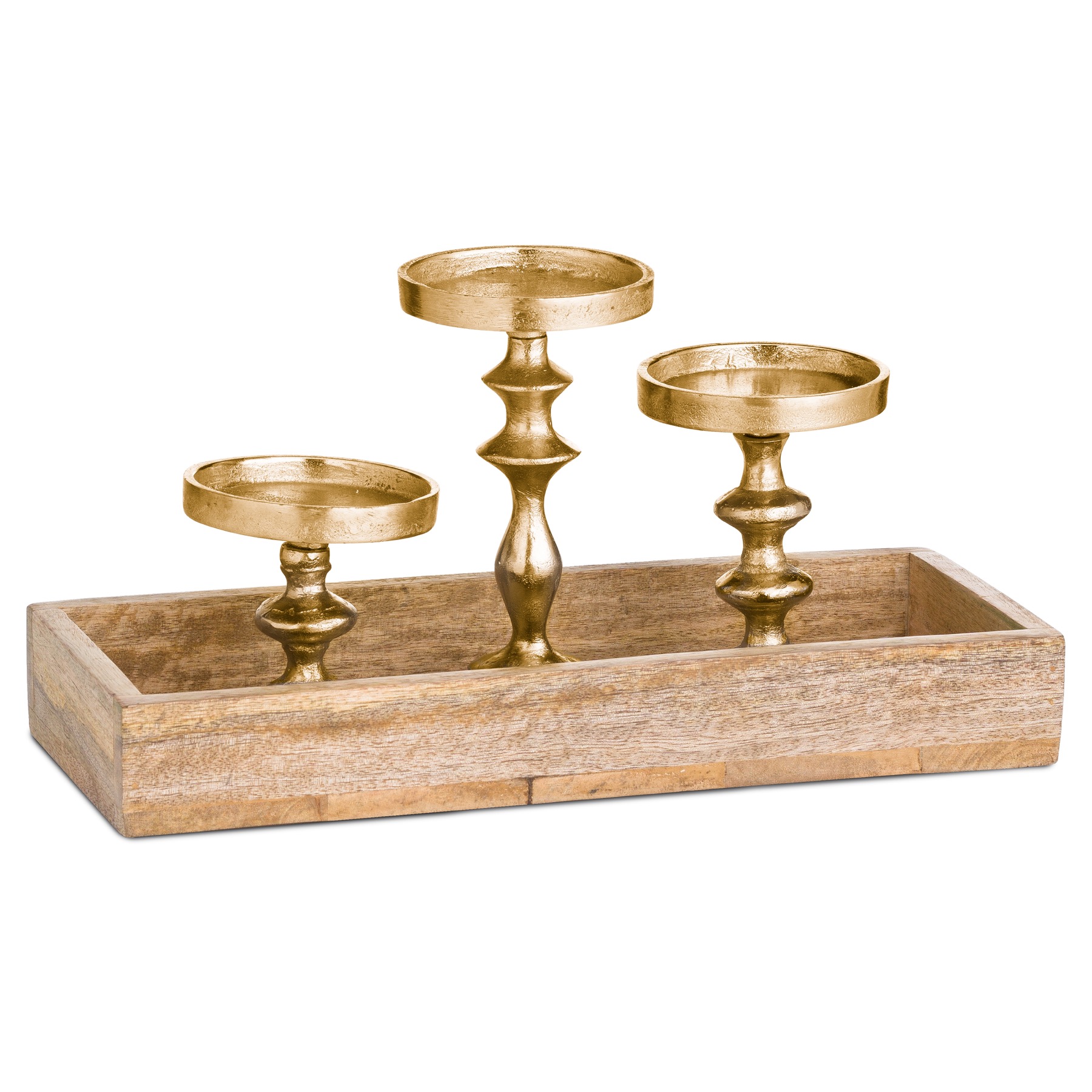 Hardwood Display Tray With Three Candle Holders - Image 1