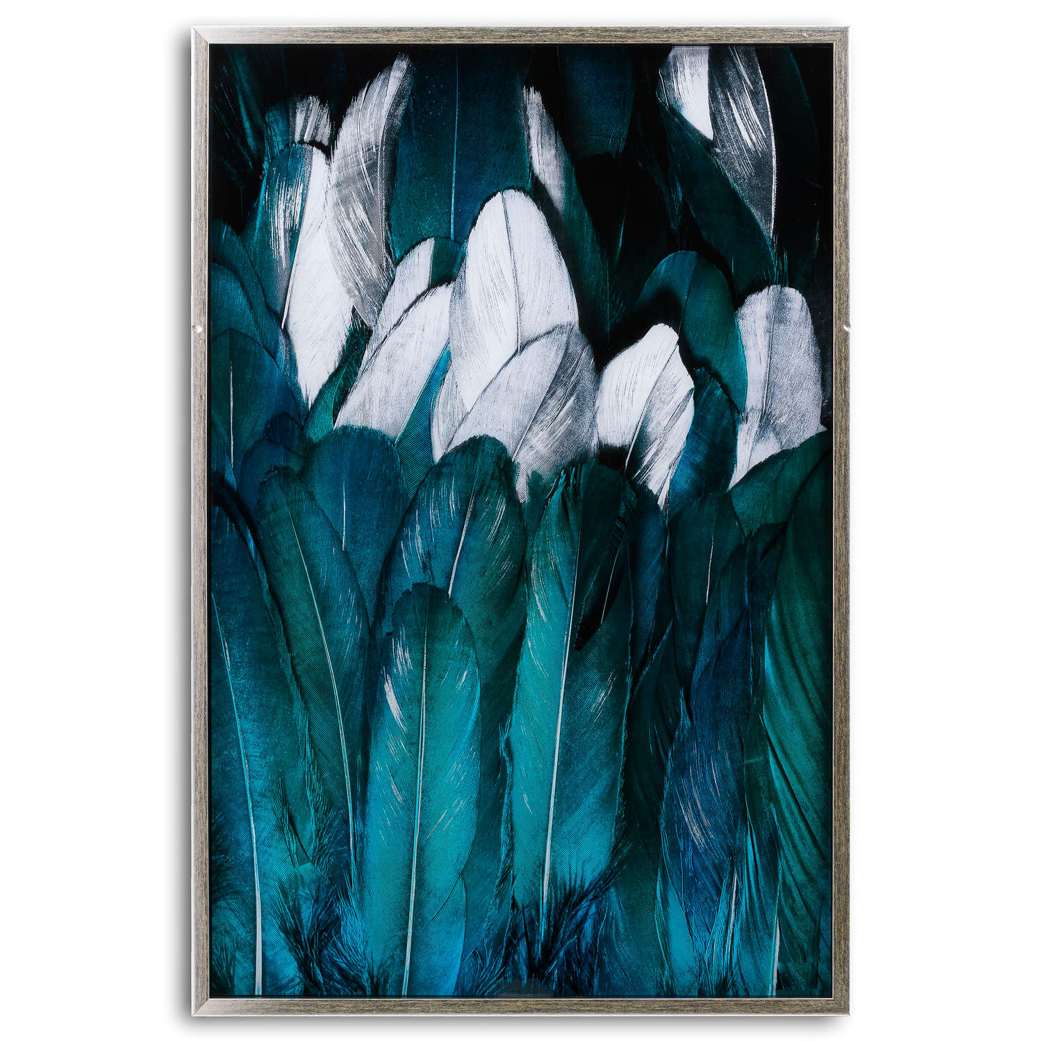 Teal And Silver Feather Glass Image In Silver Frame - Image 1