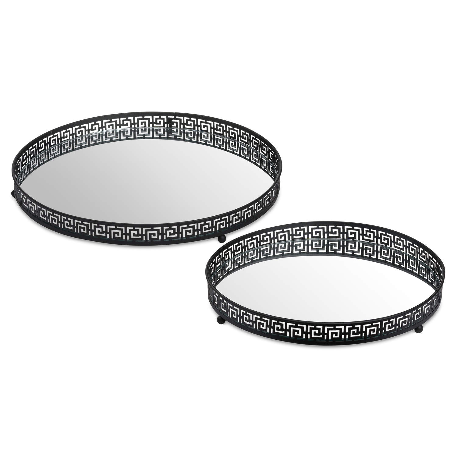 Set Of Two Circular Aztec Black Mirrored Trays Wholesale by Hill