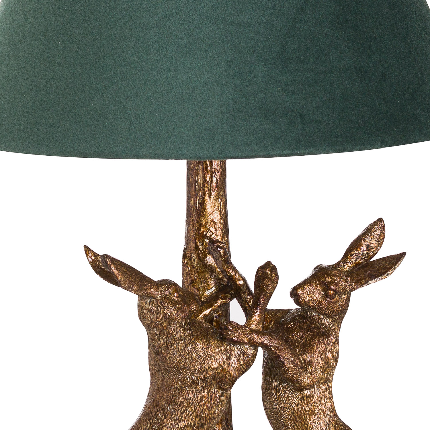 Antique Gold Marching Hares Lamp With Green Velvet Shade - Image 2