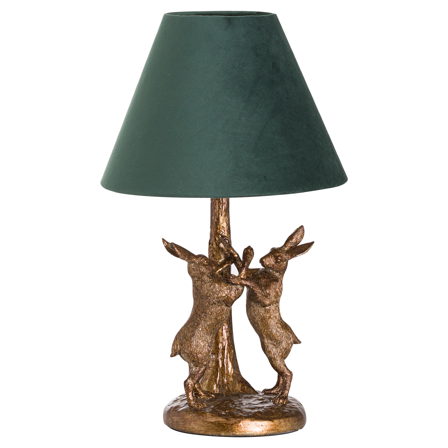 Antique Gold Marching Hares Lamp With Green Velvet Shade - Image 1