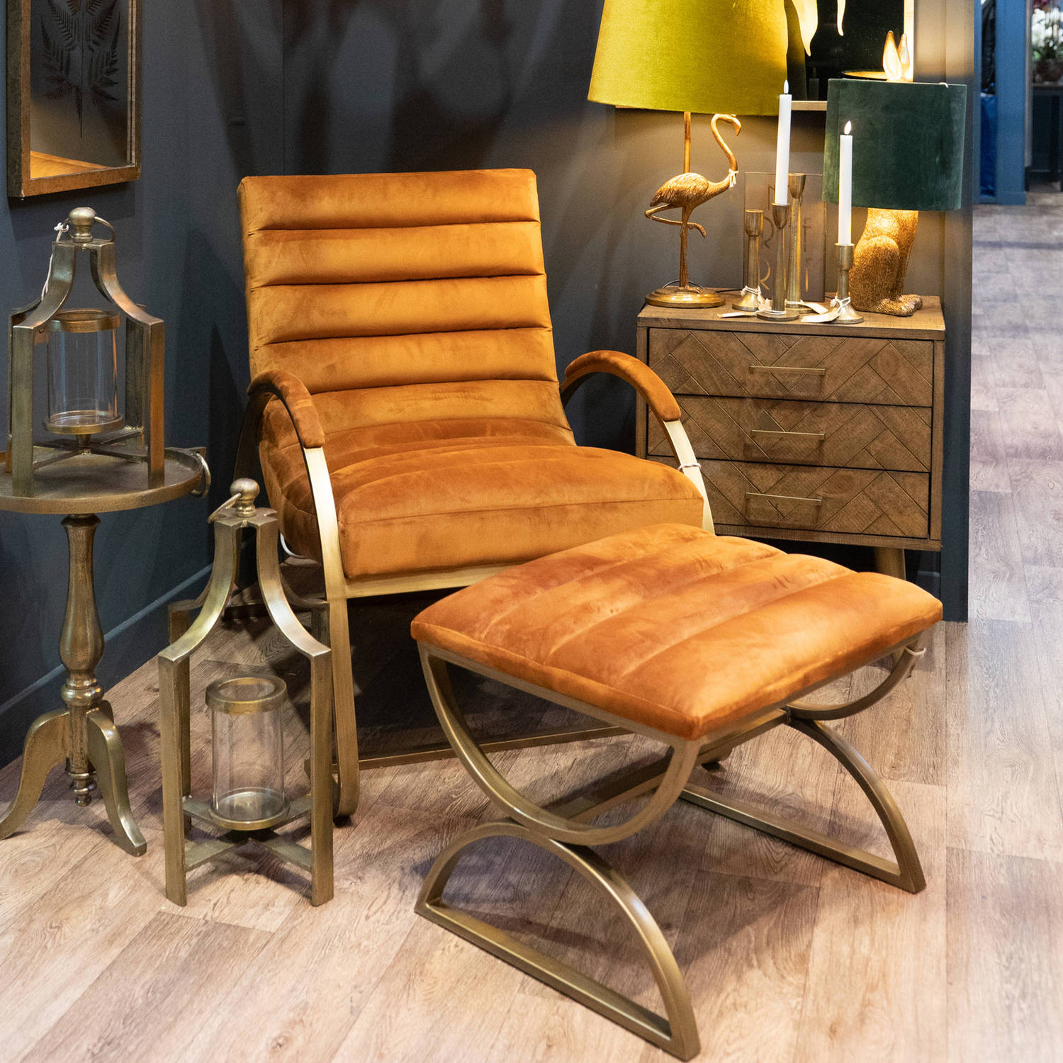 Burnt Orange And Brass Ribbed Footstool - Image 3